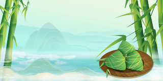 绿色中国风国潮山水卡通节气小清新竹叶端午节粽子展板背景